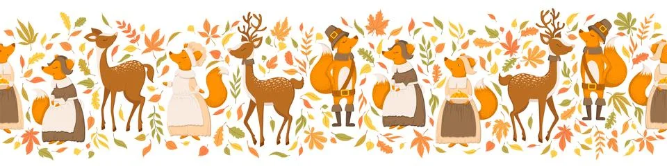 Seamless horizontal pattern with cute foxes, deers, autumn leaves and branc.. Stock Illustration