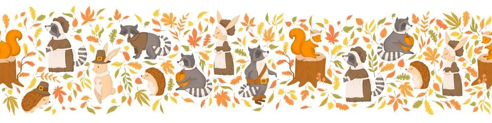 Seamless horizontal pattern with cute racoons, hares, hedgehogs, autumn lea.. Stock Illustration