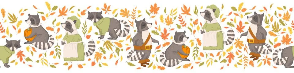 Seamless horizontal pattern with cute racoons, autumn leaves and branches i.. Stock Illustration