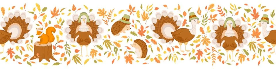 Seamless horizontal pattern with cute turkeys, hedgehogs, squirrels, autumn.. Stock Illustration