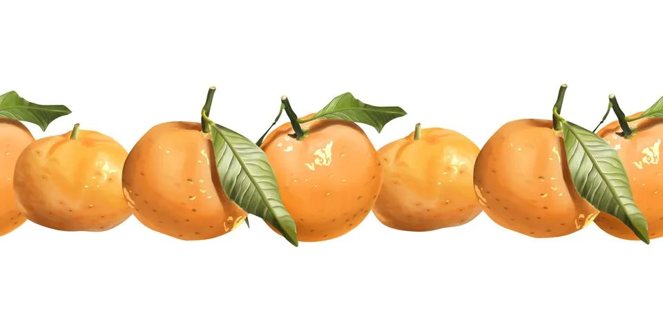 Seamless horizontal pattern of digitally illustrated ripe tangerines with gre Stock Illustration