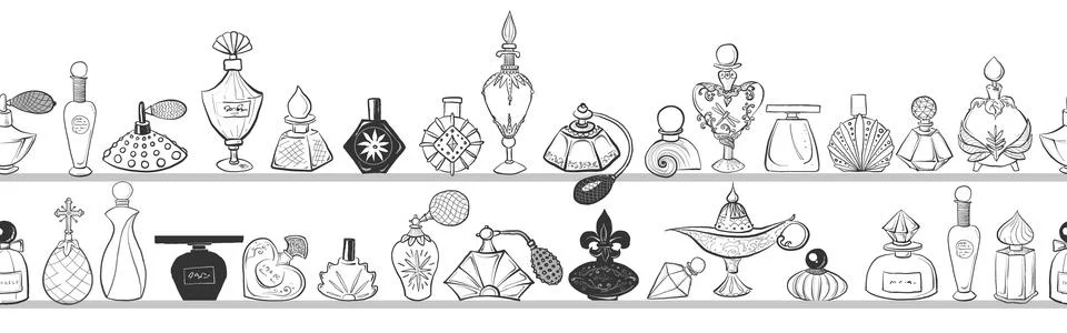 Seamless horizontal pattern with doodle perfume bottles on white background. Can Illustrazione stock