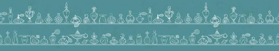 Seamless horizontal pattern with doodle perfume bottles on blue background. Can Stock Illustration