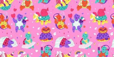 The seamless horizontal pattern featuring cute turtles celebrating different Stock Illustration