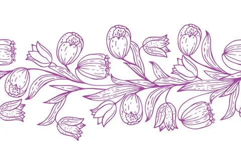 Seamless horizontal pattern, flower doodle border. Stock Illustration