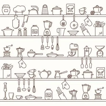 Seamless horizontal pattern with kitchen shelves full of various kitchen items Stock Illustration