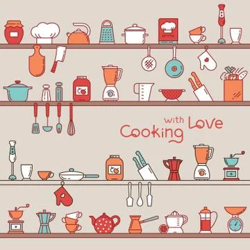 Seamless horizontal pattern with kitchen shelves full of various kitchen items Stock Illustration