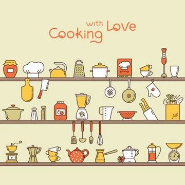 Seamless horizontal pattern with kitchen shelves full of various kitchen items Stock Illustration