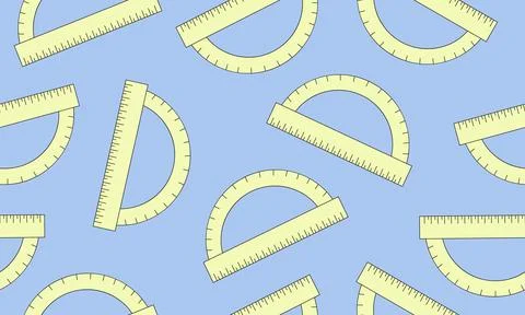 Seamless horizontal pattern. Yellow 180 degree protractor on blue background. Illustrazione stock