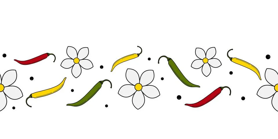 Seamless Horizontal stripe border Red, yellow and green chili peppers pods Stock Illustration