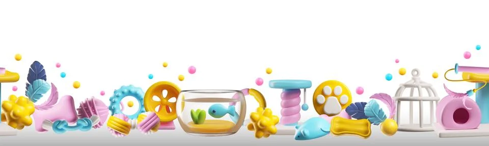 Seamless horizontal vector border with 3D cute cartoon pet toys, entertainment 스톡 일러스트