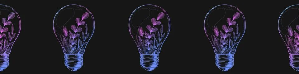 Seamless horizontal vector pattern with colorful hand drawn light bulbs and f Stock Illustration