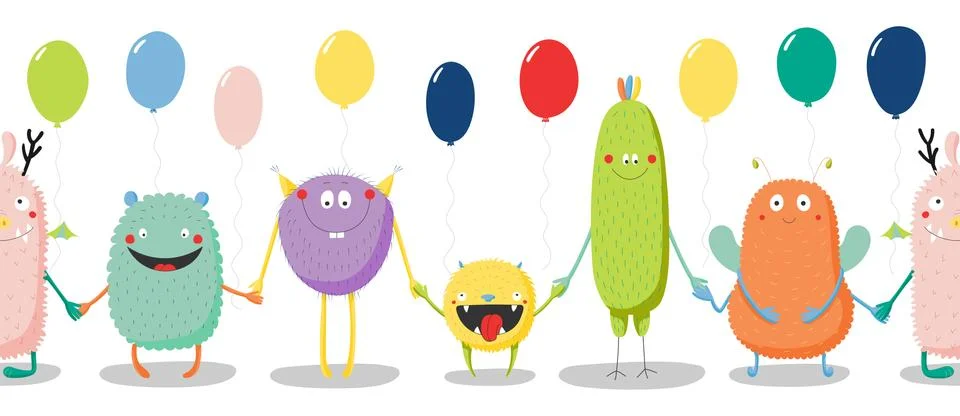 Seamless horizontal vector pattern with cute funny monsters Illustrazione stock