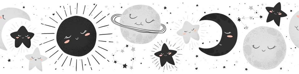 Seamless horizontal vector pattern with cute hand drawn cartoon space objects Stock Illustration