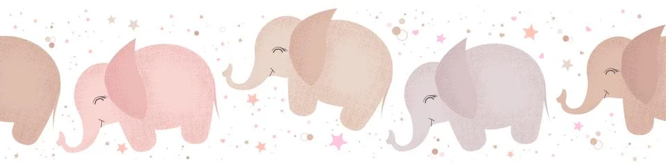 Seamless horizontal vector pattern with cute hand drawn elephants isolated on Stock Illustration