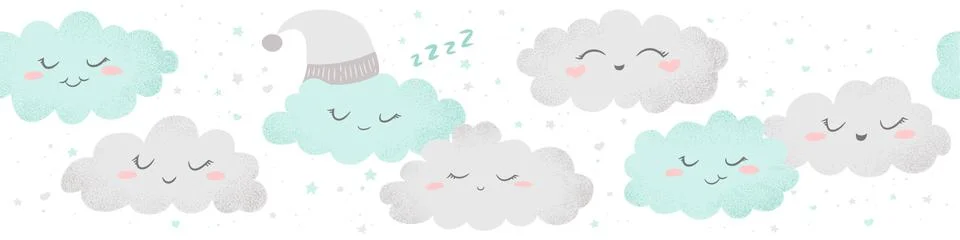Seamless horizontal vector pattern with cute hand drawn cartoon clouds and st イラスト素材