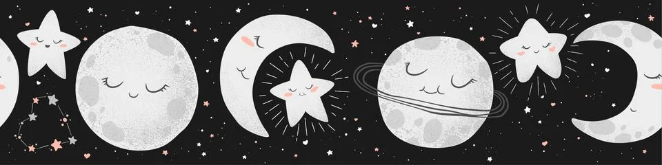 Seamless horizontal vector pattern with cute hand drawn cartoon moons, planet Ilustração Stock