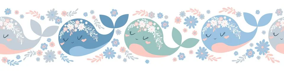 Seamless horizontal vector pattern with cute whales and flowers isolated on.. Stock Illustration