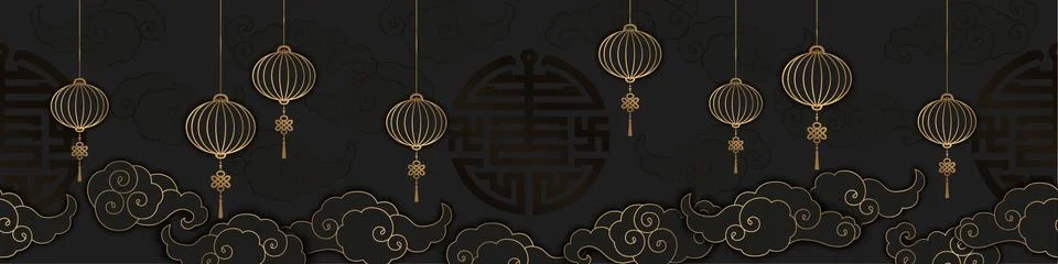 Seamless horizontal vector pattern with gold clouds and lanterns isolated on  イラスト素材