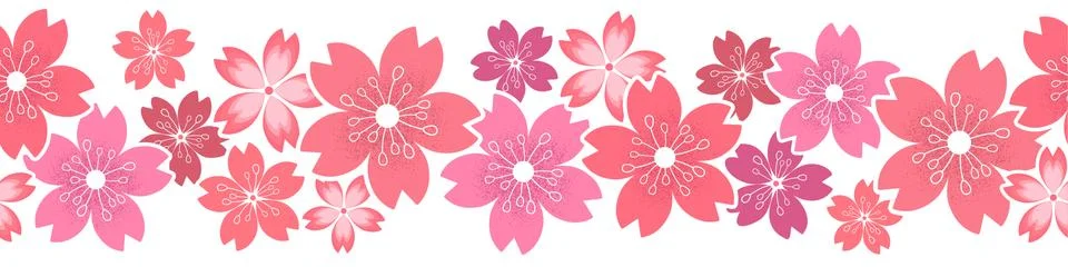 Seamless horizontal vector pattern with pink cherry flowers isolated on white Stock Illustration