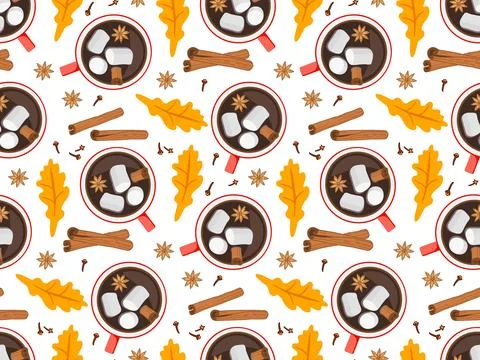 Seamless Hot chocolate pattern. Warm beverage mug with marshmallows, cinnamon Stock Illustration