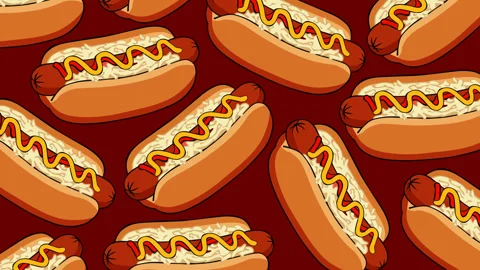 Seamless Hot Dog Pattern Background with Mustard and Ketchup for Food Celebr 스톡 동영상 337343173