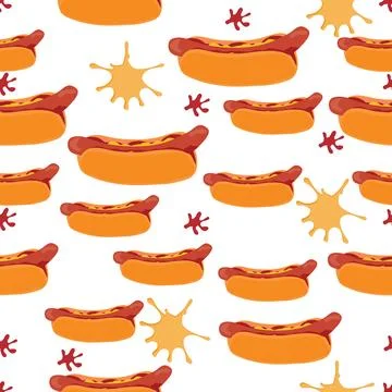 Seamless hot dog pattern with spots of mustard and ketchup on white backgroun Stock Illustration