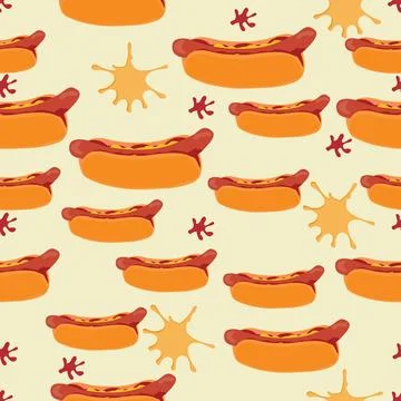 Seamless hot dog pattern with spots of mustard and ketchup Stock Illustration