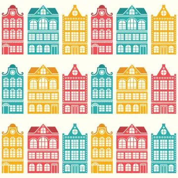 Seamless house pattern - Dutch, Amsterdam houses, mid-century modern style Stock Illustration