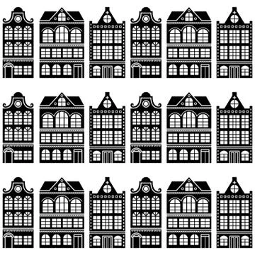 Seamless house pattern - Dutch, Amsterdam houses, retro style Stock Illustration