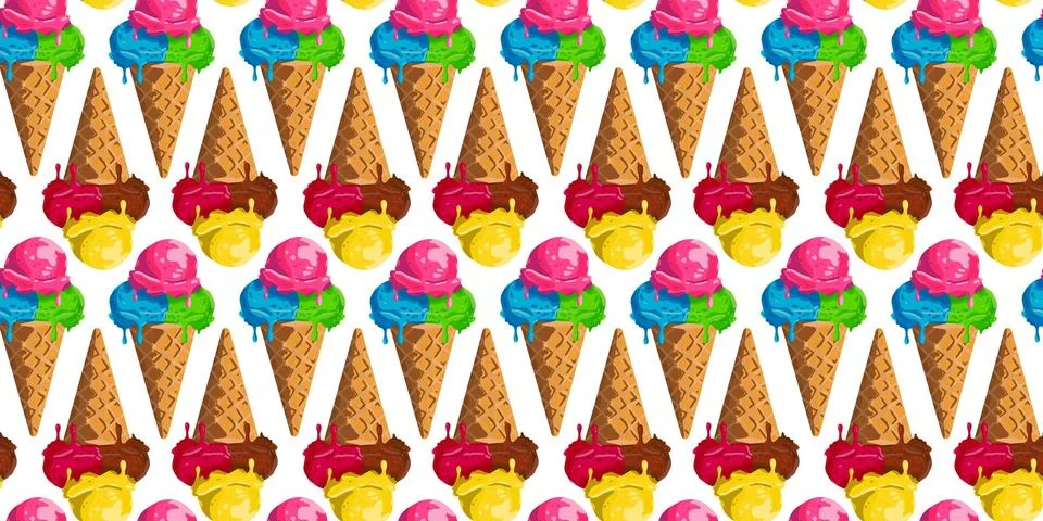 Seamless ice cream cone pattern, bright colors, summer dessert design, vect.. Illustrazione stock