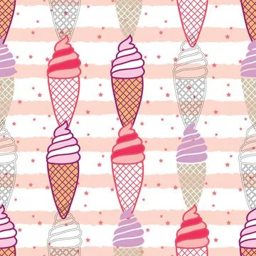 Seamless ice cream pattern on pink stripes and stars Stock Illustration