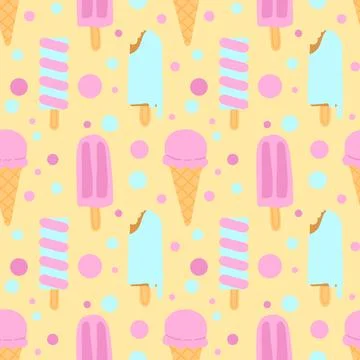 Seamless ice cream pattern with popsicles and cones on a pastel yellow Stock Illustration