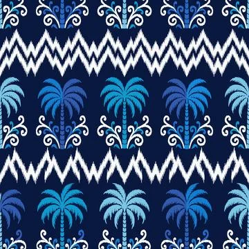 Seamless Ikat Pattern with Palm Trees and Zigzag Motifs on Dark Blue Backgr.. Stock Illustration