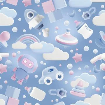 Seamless illustration with 3D vector toys on a blue background. Illustrazione stock