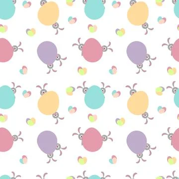 Seamless illustration with colored Easter eggs and cute rabbits. Stock Illustration
