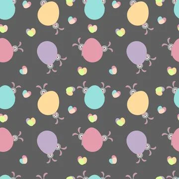 Seamless illustration with colored Easter eggs and cute rabbits. Stock Illustration