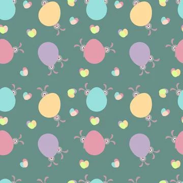 Seamless illustration with colored Easter eggs and cute rabbits. Stock Illustration