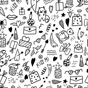Seamless illustration with doodle elements for Valentine s Day. Festive wrapping Illustrazione stock