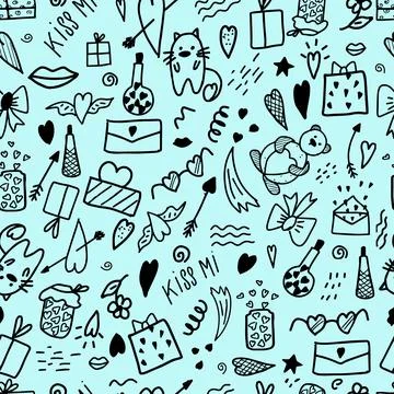 Seamless illustration with doodle elements for Valentine's Day on a blue Stock Illustration