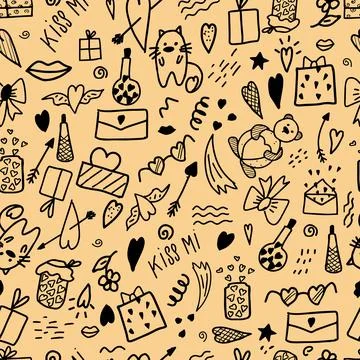 Seamless illustration with doodle elements for Valentine's Day. Yellow Stock Illustration