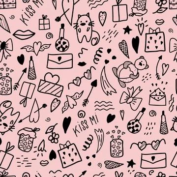 Seamless illustration with doodle elements for Valentine's Day. Festive wrapping Stock Illustration
