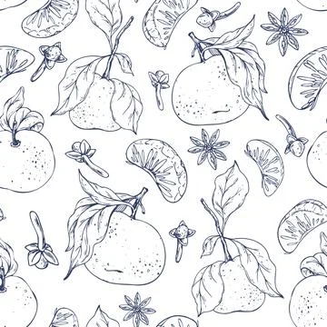 Seamless illustration, hand drawn line art graphics with tangerines, leaves Stock Illustration