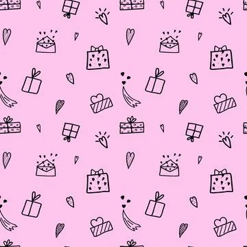 Seamless illustration with hearts and gift boxes on a pink background. Festive Stock Illustration