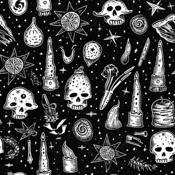 Seamless illustration of multiple skulls and tattoos on a black background 스톡 일러스트