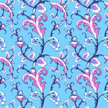 Seamless indian floral pattern. Delicate spring purple blue sprig Stock Illustration