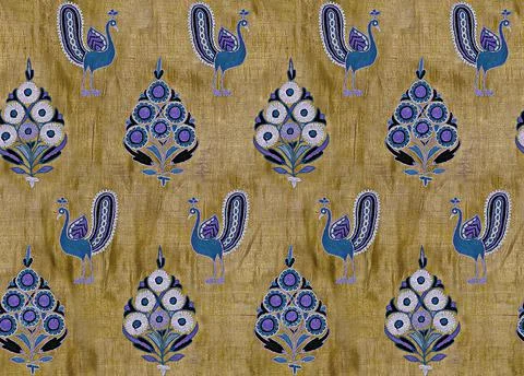A seamless Indian pattern with blue flowers and peacocks in the grunge beige  Stock Illustration