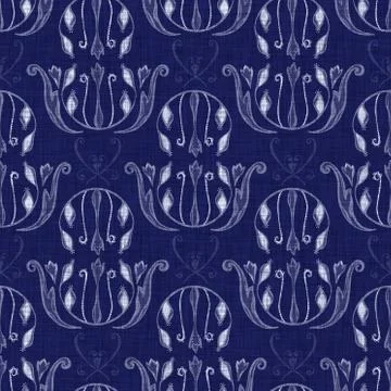 Seamless indigo damask texture. Navy blue woven ornate cotton dyed effect Stock Illustration