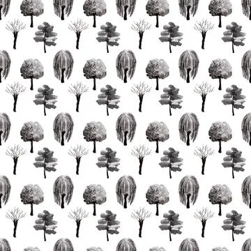 Seamless ink pattern with various types of Japanese garden trees Illustrazione stock