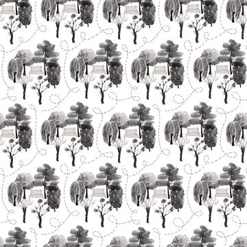 Seamless ink pattern with various types of Japanese garden trees Stock Illustration